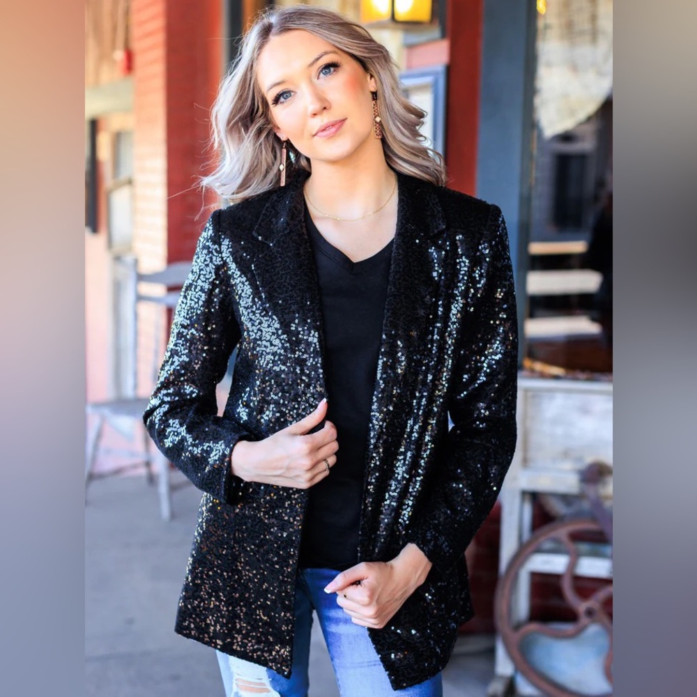 Southern Grace black sequined blazer.